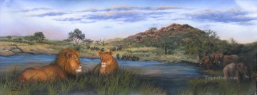 ライオンと象のアフリカの夕日 Oil Paintings